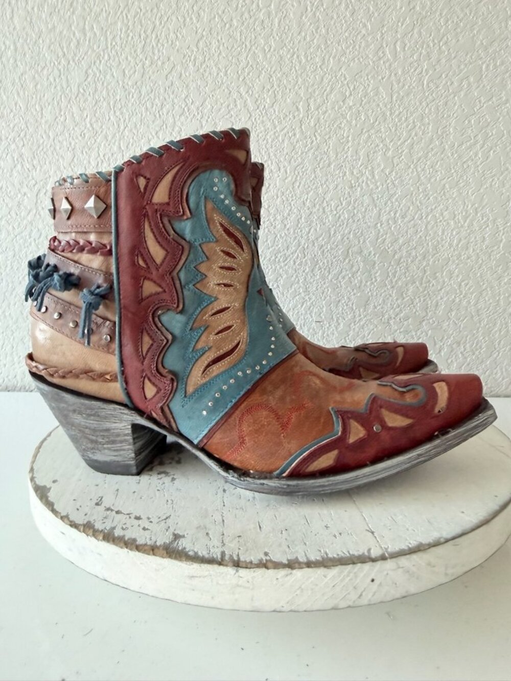 Old Gringo EAGLE FLIGHT Short Cowboy Boots Blue Red Womens 7.5 Snip Toe Ankle - Picture 4 of 13